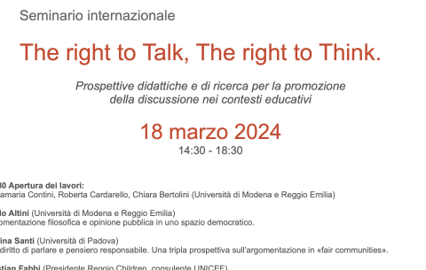 Seminario internazionale  The right to Talk, The right to Think. Prospettive didattiche e di ricerca per la promozione della discussione nei contesti educativi